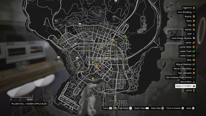 GTA Online, el mapa del sur mostrando las ubicaciones de la Gun Van.