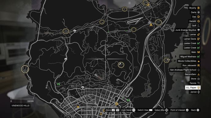GTA Online, el mapa del centro mostrando las ubicaciones de la Gun Van.